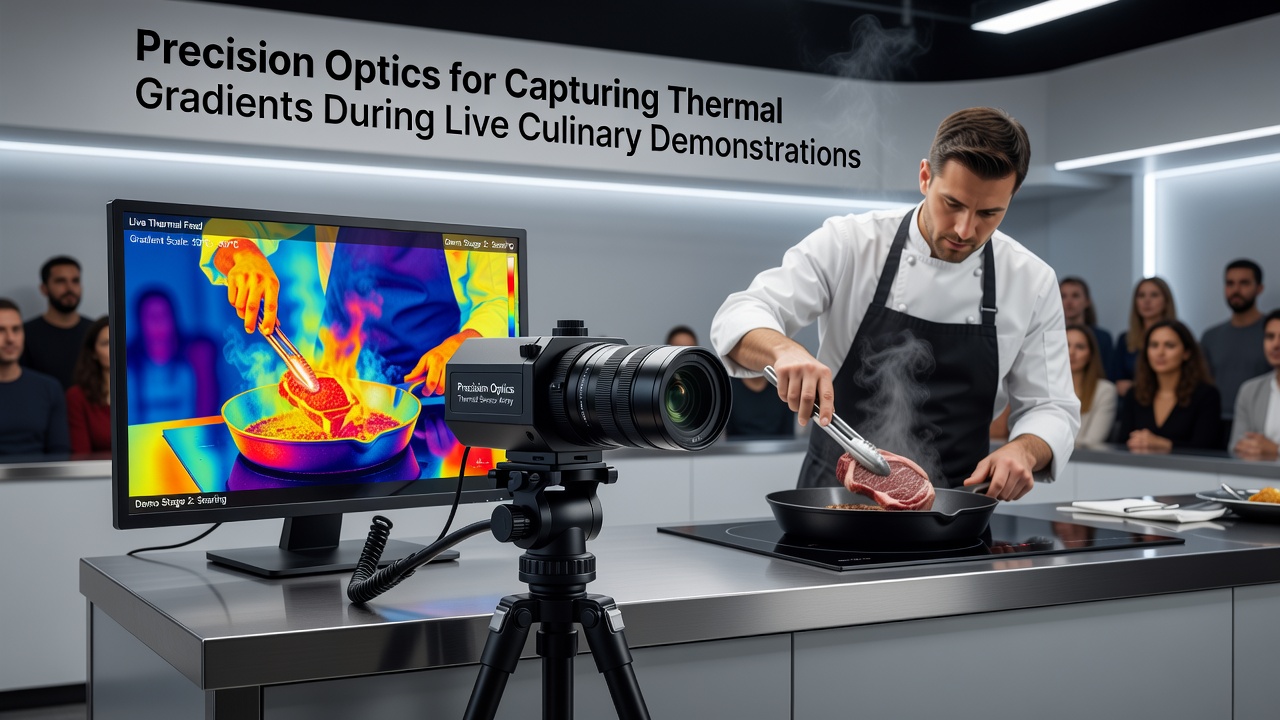 Close-up view of a thermal lens assembly capturing infrared data from a simmering sauce while overlaid temperature scale displays gradient values to demonstration attendees